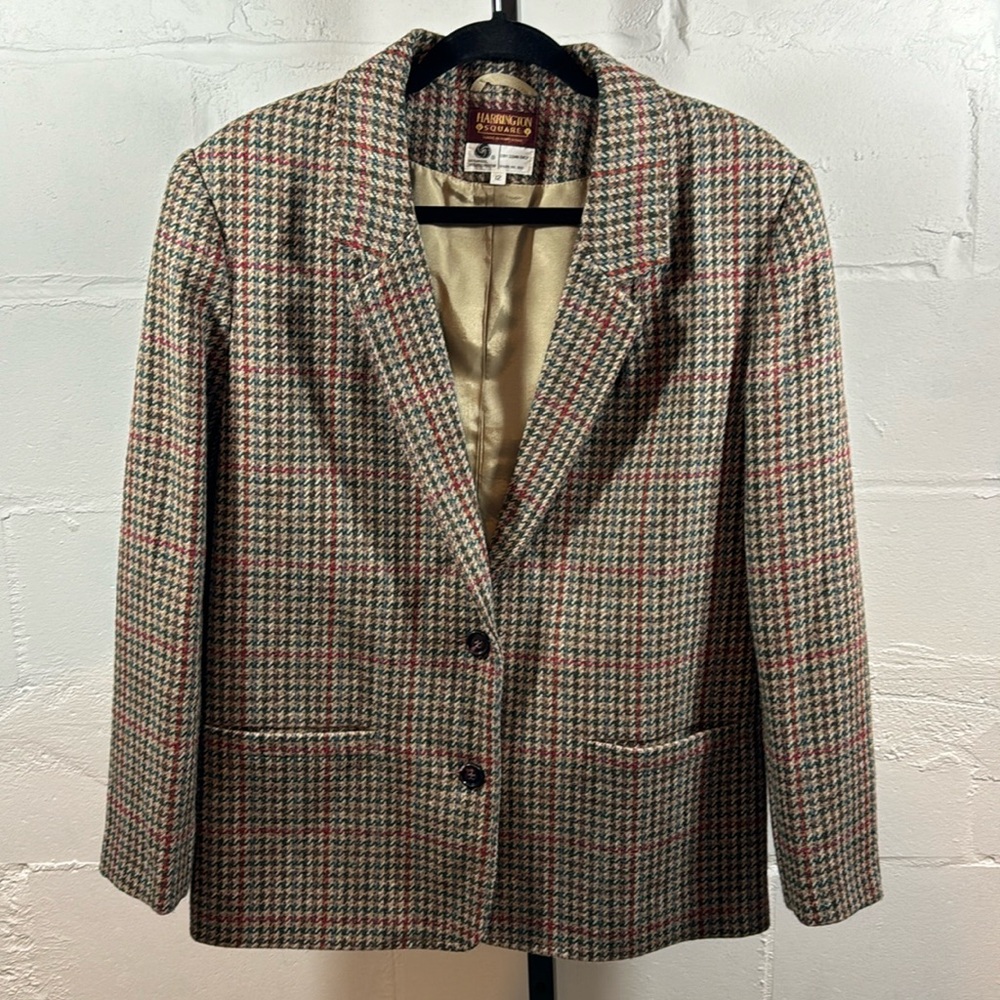 Vintage Harrington Square Houndstooth Tweed Blazer Size 12 Wool Blend Multicolor